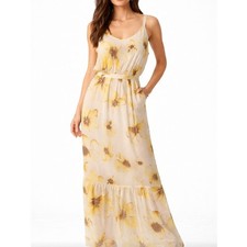 Simply Vera Wang Floral Maxi Dress Yellow Cream Sleeveless Smocked Back S