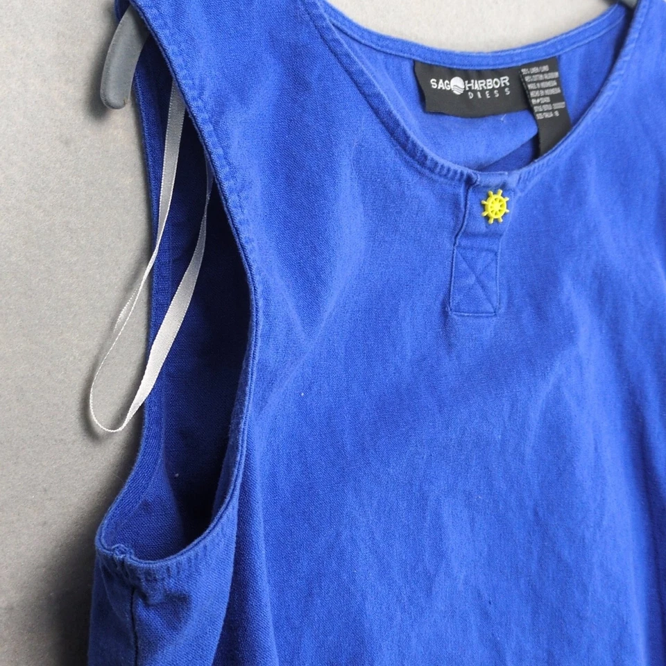 Vestido De Colección Sag Harbor Lino Algodón Azul Cambio, Talla 18 Náutico Midi Sin Mangas Foto 4 de 4