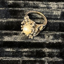 VTG Uncas Sterling Silver 14k Gold Filled Genuine Pearl Modernist Ring Size 5