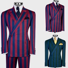 Striped Men Suits Regular Fit Peak Lapel Single Breasted Jacket Pant Flap Pocket