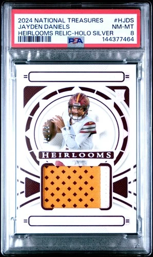 2024 NATIONAL TREASURES HEIRLOOMS RELICS HOLO SILVER JAYDEN DANIELS RC /25 PSA 8