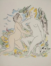 Léonard Tsuguharu FOUJITA : Nu dans les champs, Gravure originale signée