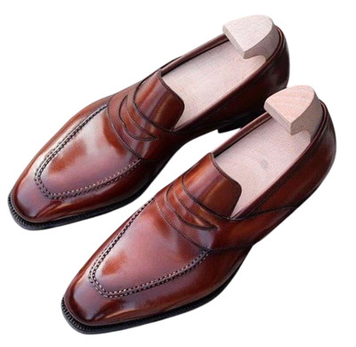 Handmade Brown Dress Office Slip On Genuine Leather Loafers Formal Shoes For Men