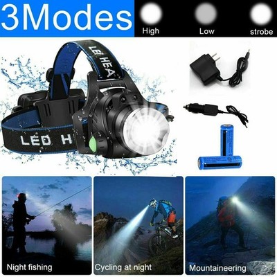 990000LM Rechargeable Head Light LED Headlamp Zoom Flashlight Torch w/2 Chargers