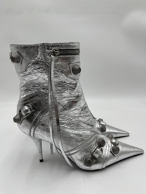 Balenciaga Le Cagole studded crinkled-leather ankle boots in silver Size 37.5