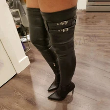 Women Thigh High Boots Stretchy Buckle Strap Side Zip Stiletto Heels Tall Boots