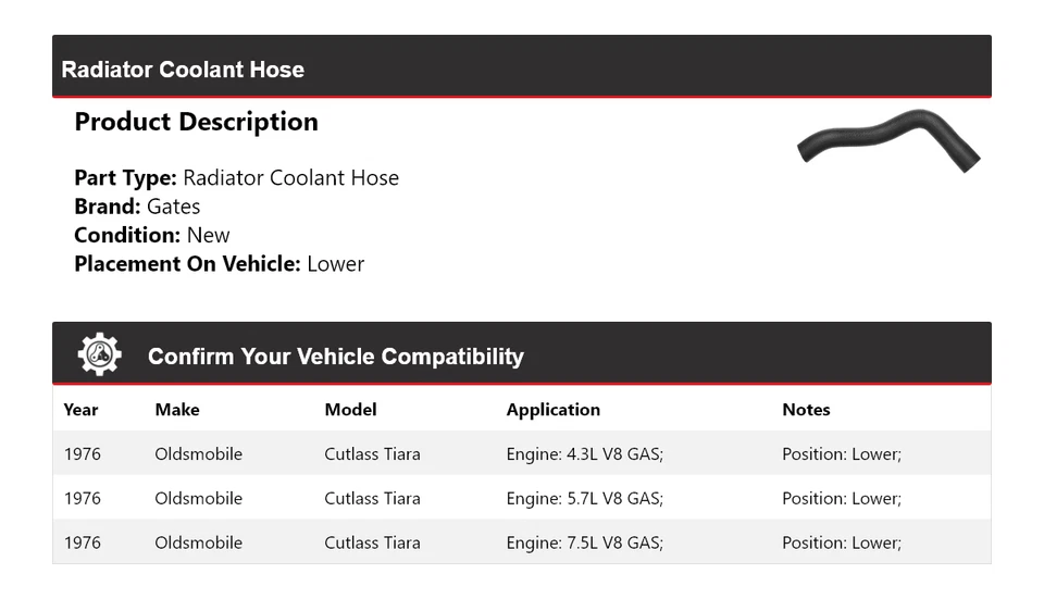 Manguera de refrigerante de radiador Oldsmobile Cutlass Tiara 1976 puertas inferiores Foto 2 de 4