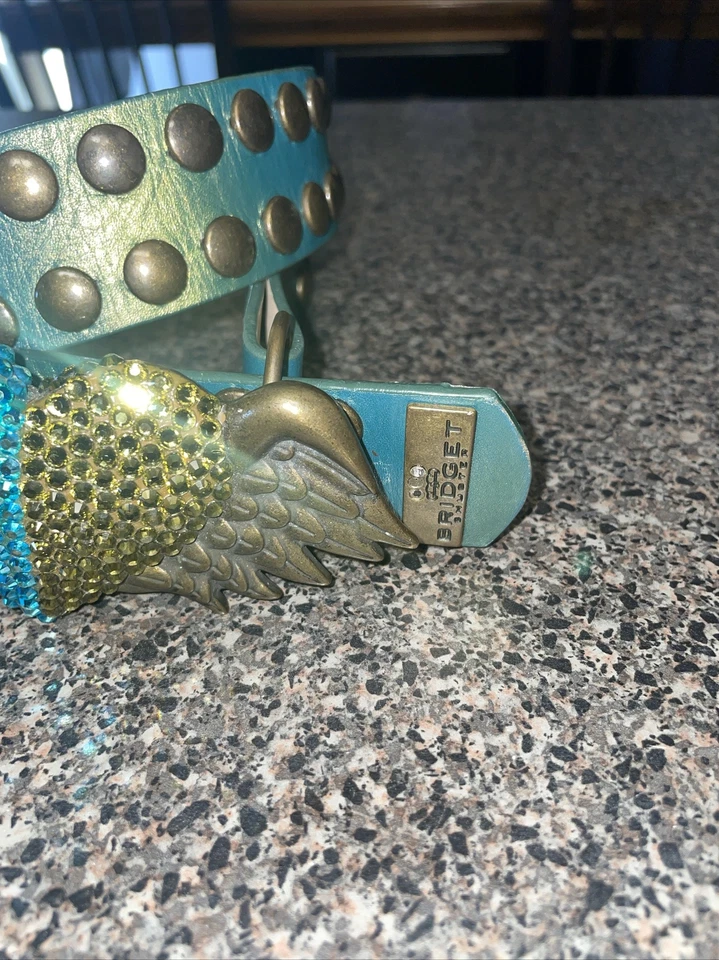 Cinturón Bridget Shuster de Cuero 34 Aqua Y Dorado Bling Corazón Alas Rodeo Western Foto 2 de 4