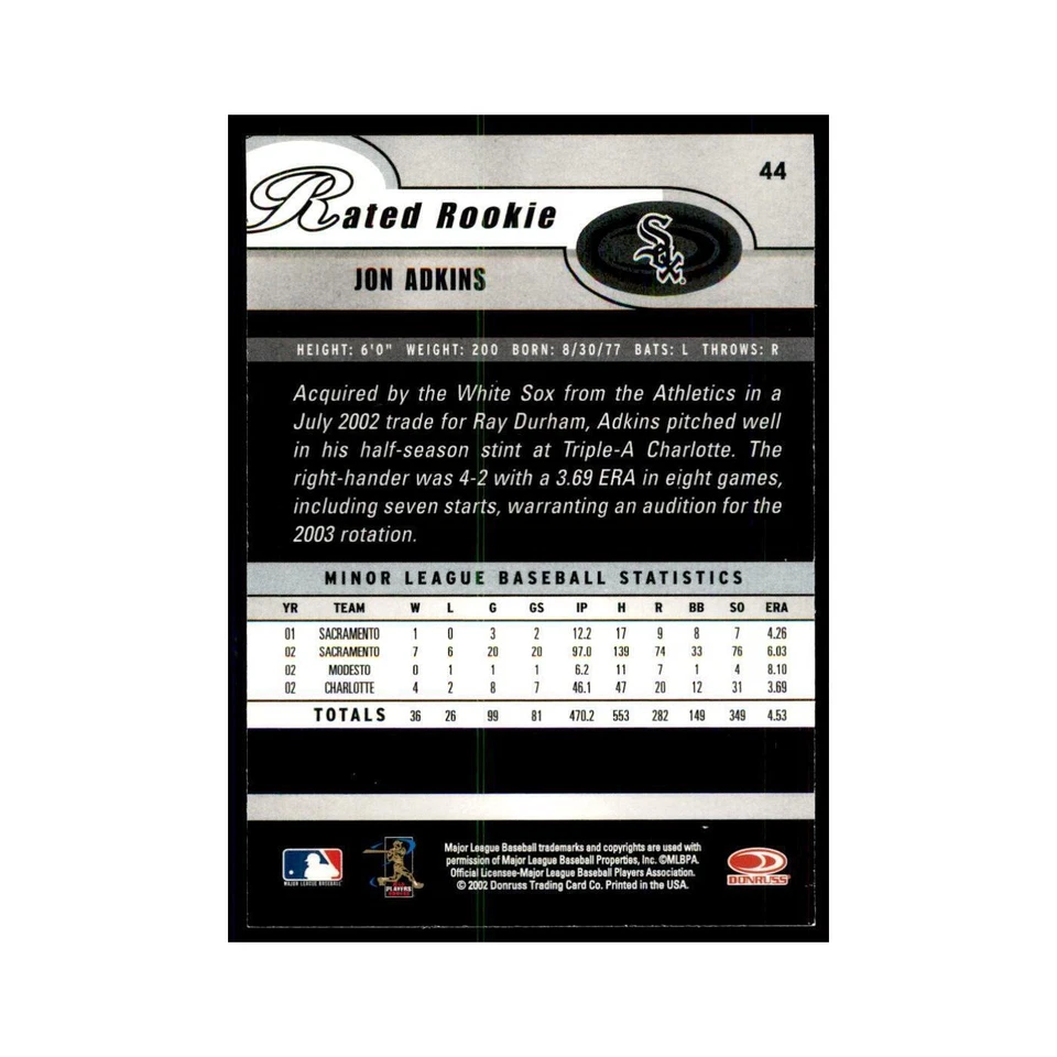 2003 Donruss Jon Adkins RC White Sox #44 - Image 2 of 3