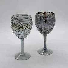 Hand Blown Art Glass Mexican Drizzle Wine Glass Water Goblet Set Of Two