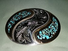 Vintage Belt Buckle German Silver Gold Turquoise Flower Western Style Etched