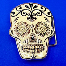 White Skull Mexican Dia De Muertos Day Of The Dead Cutout Enamel Belt Buckle