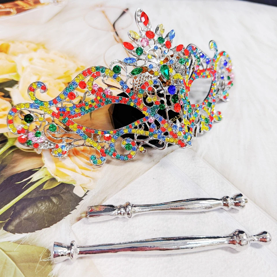 Rainbow Masquerade Mask, Crystal Handheld Mask, Silver Mask, Prom Mask, Pride - Image 4 of 4