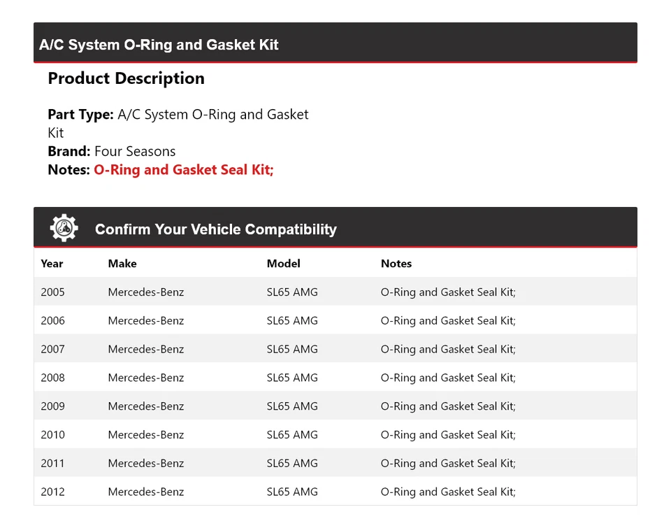 Комплект уплотнительных колец и прокладок для системы кондиционирования Mercedes-Benz SL65 AMG 2005-2012 годов выпуска 4 сезона - Изображение 2 из 4