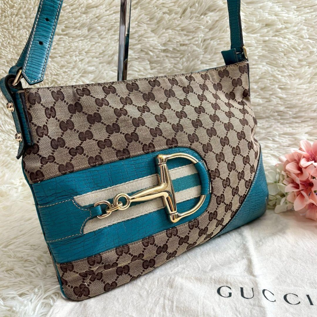 GUCCI 141504 GG Horsebit Shoulder Bag Light Blue Canvas Leather Womens Authentic