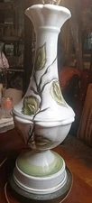True Mid Century Ceramic Vase Table Lamp - Hand Painted Floral Gold On White. db