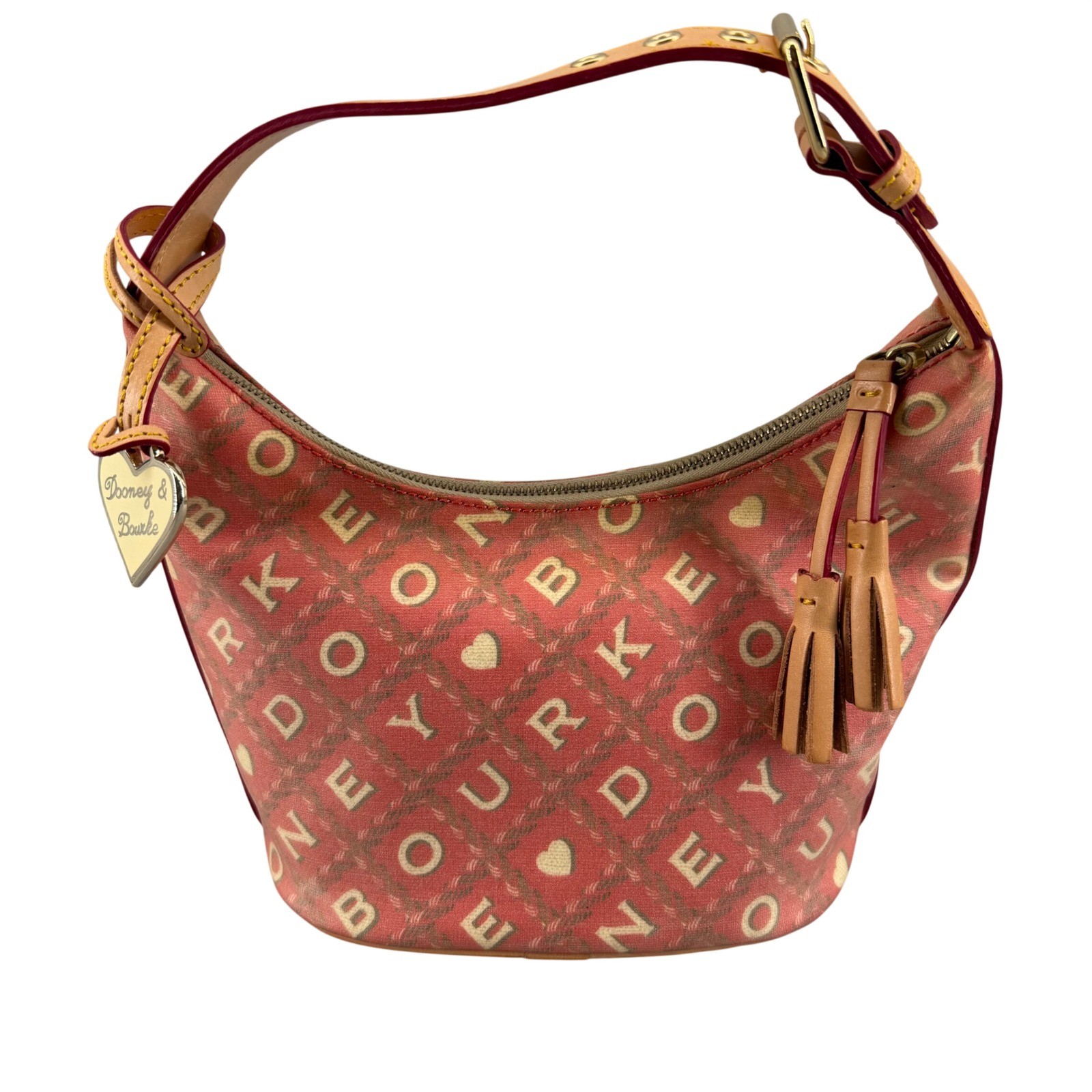 Dooney & Bourke CW29 CY Monogram Bucket Bag Pink Tan Leather Tassel Heart Charm