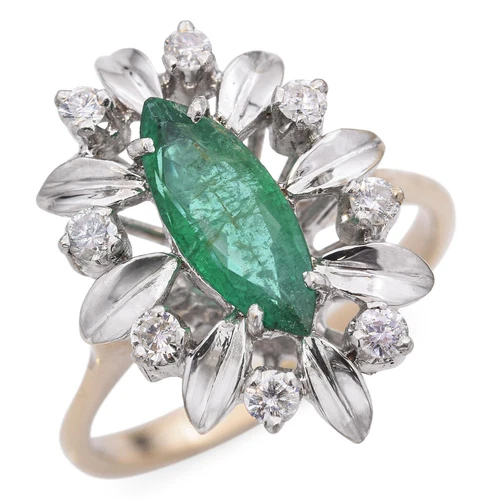 Vintage 18k Yellow Gold Marquise Emerald Diamond Ring - Picture 2 of 7