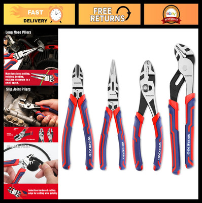 4-Piece Pliers Set - Premium CR-V Tool Set, Long Nose, Diagonal Cutting, Groove