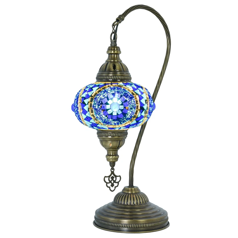 Turkish Mosaic Swan Neck Table Lamp, Moroccan Boho Style Sea Blue Gooseneck R... - Image 2 of 4