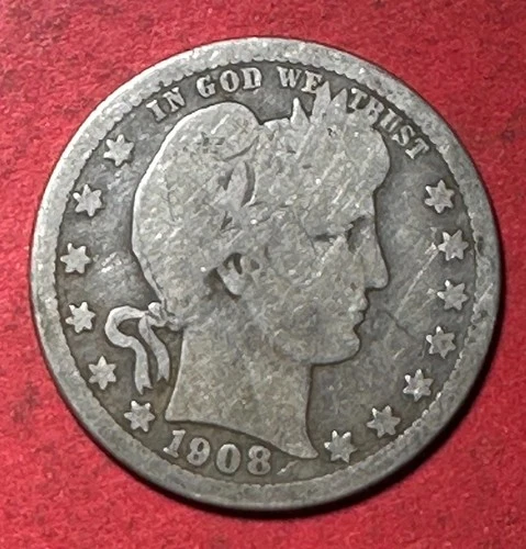 1908 US Barber SILVER Quarter "Philadelphia" Mint! Good! Old US Coin!
