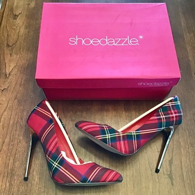 New Ladies Shoedazzle Red Plaid Pretty Mess Pumps 7.5 With Stiletto Heels
