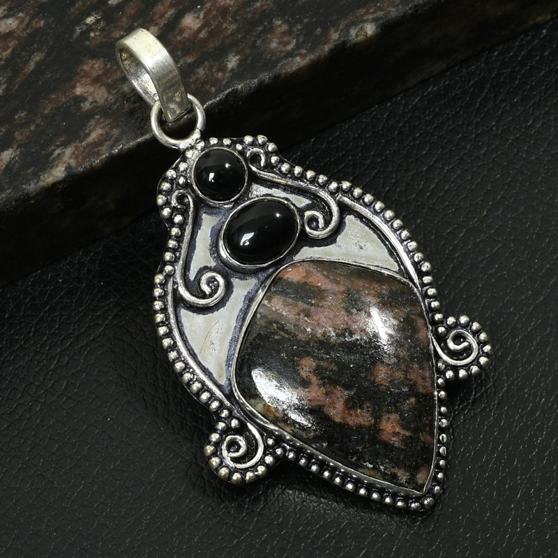 Rhodonite Black Onyx Gemstone Handmade Pendant Jewelry For Unisex 2.6" AP-37540