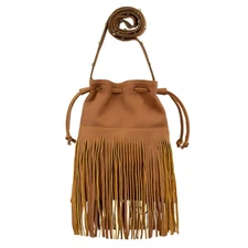 American West Womens Fringed Cowgirl Natural Tan Leather Bucket Bag OS