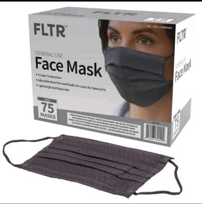 FLTR General Use Disposable Face Mask Black 75 Count Pack of 3