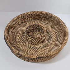 Vintage Woven Rattan Round Chip and Dip Basket Serving Bowl 14” Diameter