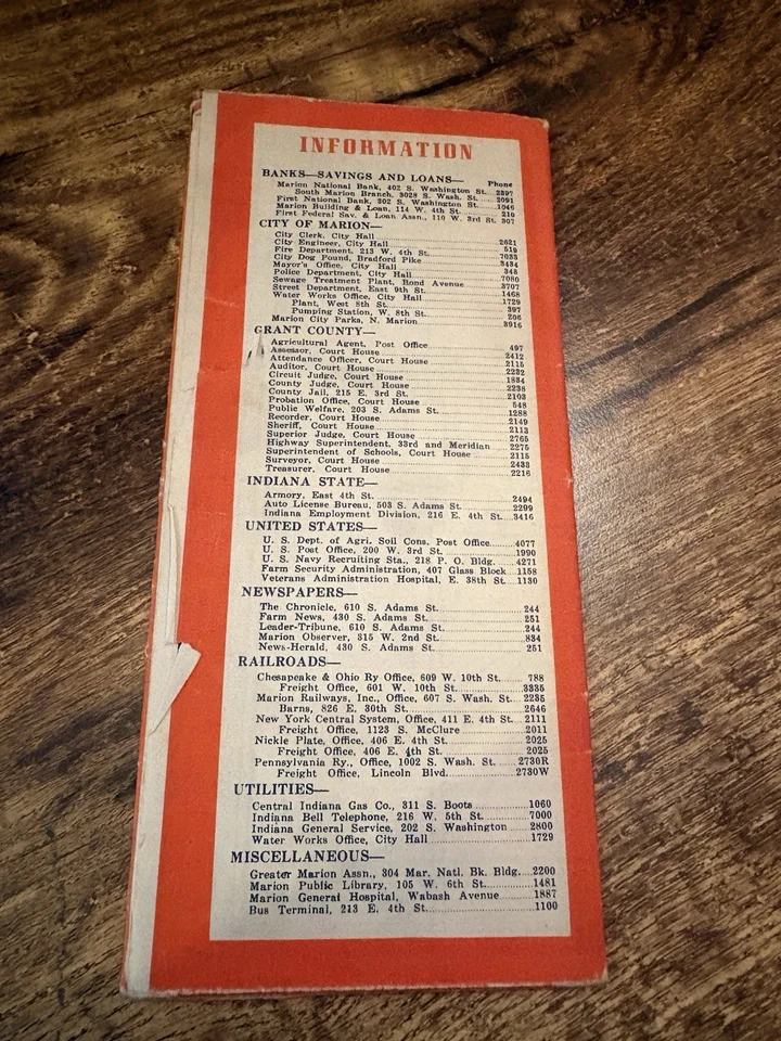 Mapa guía de la ciudad de Marion Indiana 1942 - Historia local de la Segunda Guerra Mundial - Departamento de Ingeniería Foto 2 de 4