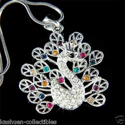 ~Peacock made with Swarovski Crystal Peafowl Peahen Feather Necklace Jewelry New