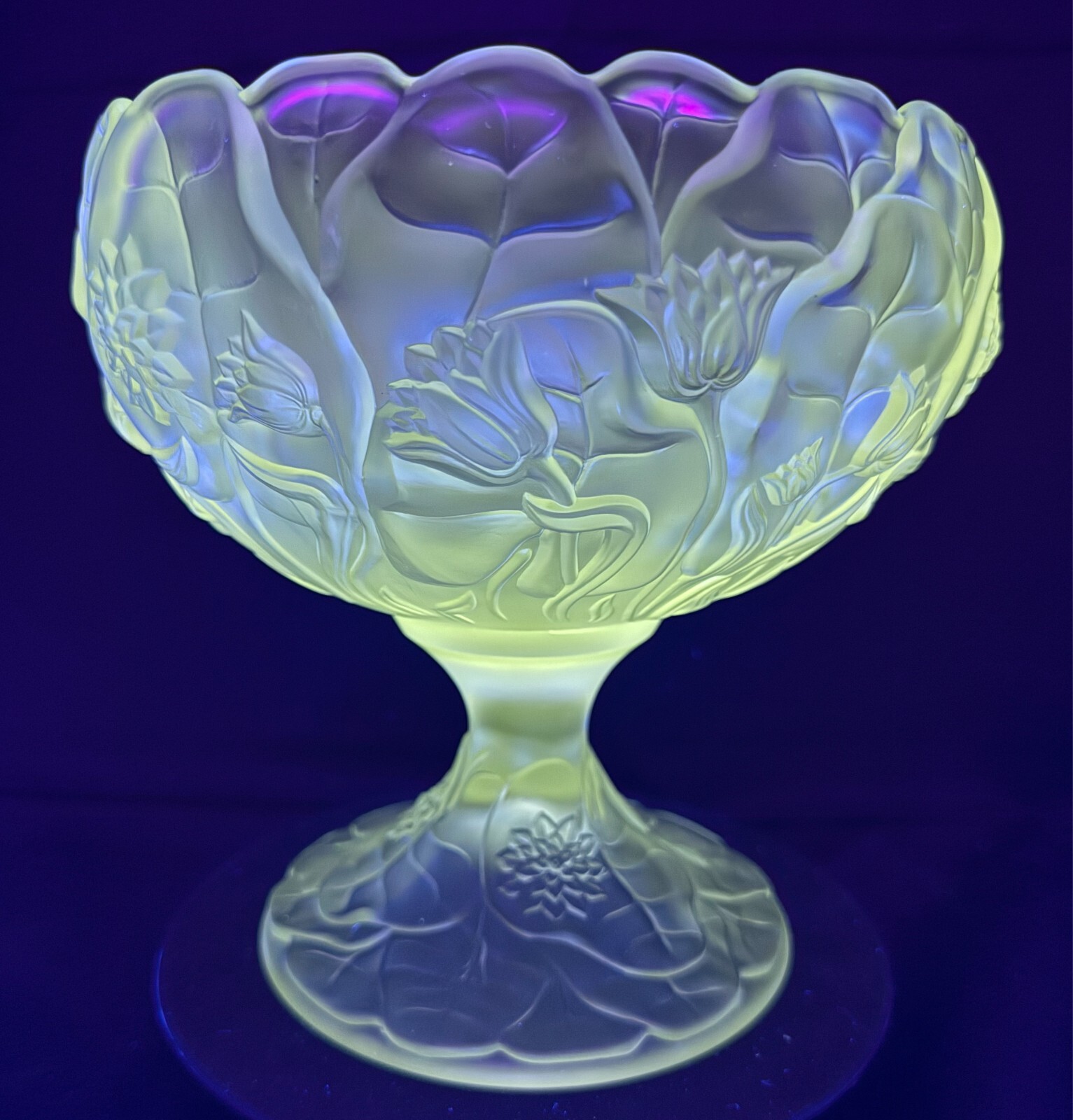 Fenton Clear Frosted Manganese Glass Water Lily Footed Bowl