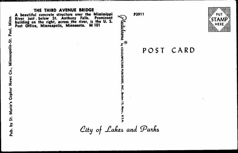 Postcard BRIDGE SCENE Minneapolis St. Paul Minnesota MN 10/19 AO8129