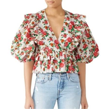 Rhode Elodie Top White with Red Floral Print Puff Sleeve Ruffles size medium