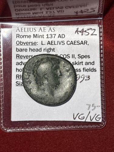Roman Bronze Coin. AELIUS Caesar, AE-As. Rome. Spes.