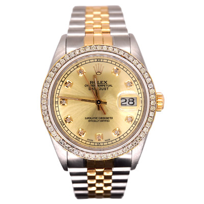 Rolex Mens Datejust 36mm 18k Yellow Gold & Steel ICED 1.50ct Diamonds Gold Dial