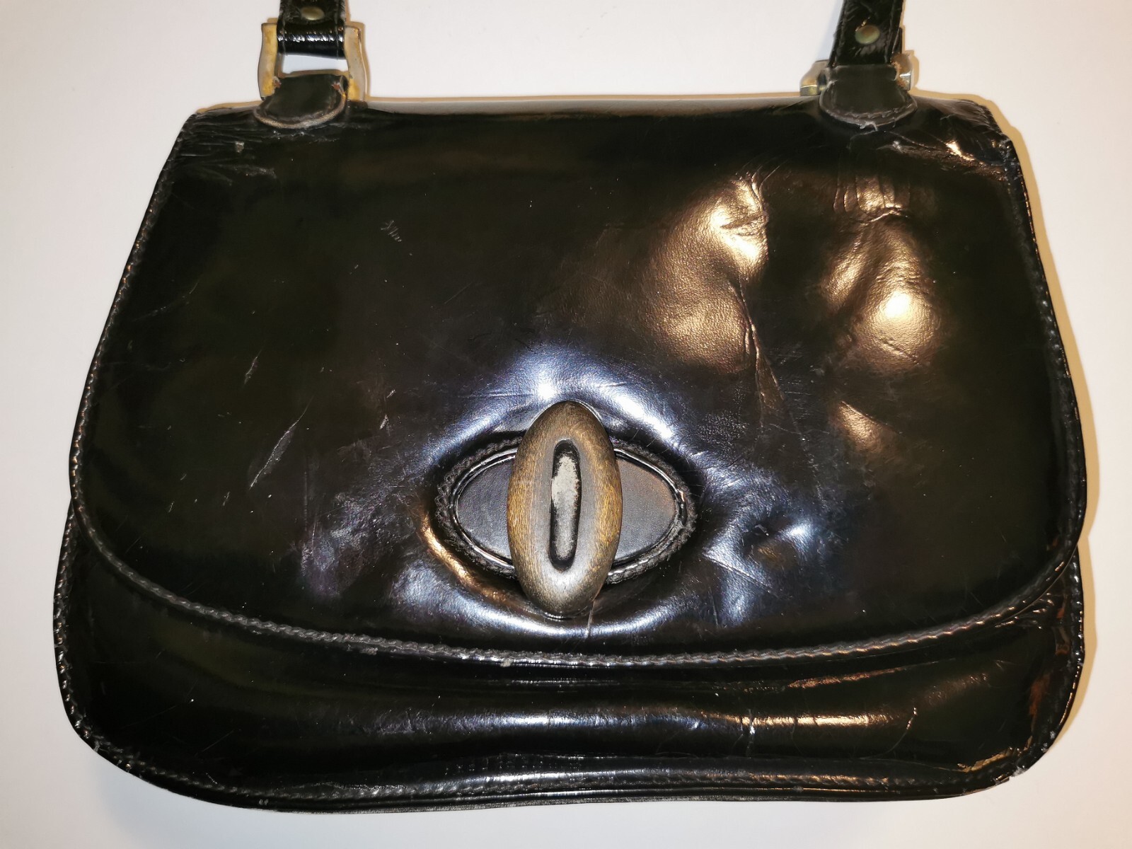 Borsa GUCCI in Vernice Nera Vintage - Anni 50 - Chiusura bottone legno