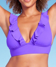 Shade  Shore Women's Ruffle V-Neck Longline Triangle Bikini Top Purple L 12-14