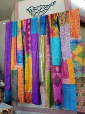 2 Pcs Indian Sari Patchwork Curtain Drape Window Decor Multi Silk Sari Curtain