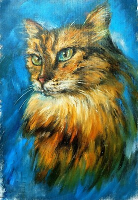Ingwer Katze Portrait Original animalisches Ölgemälde auf ungespannter Leinwand 12x8