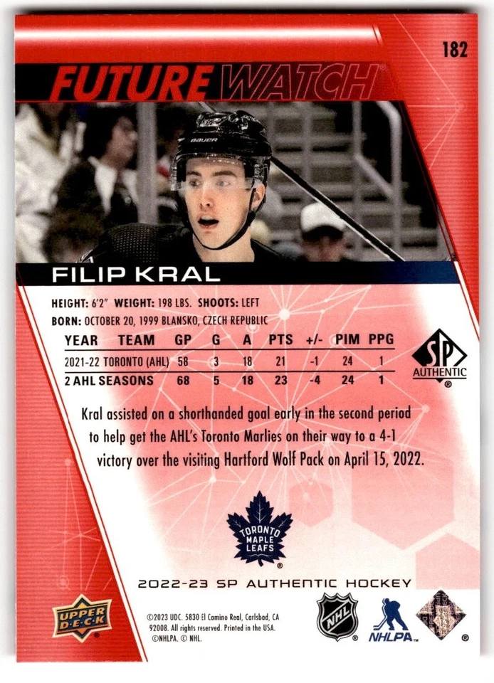 Filip Kral 2022-23 SP Authentic Limited Red Future Watch Rookie #182 Toronto - Image 2 of 2