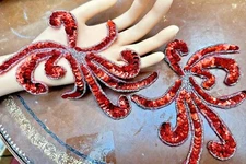 applique sequins glass beads 4.75x7" red silver 2pcs