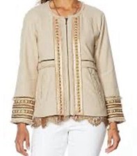 Vanessa Williams Women's Embellished Zipper Front Jacket Top Beige Small Size
