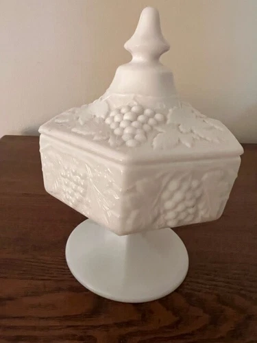Vintage Imperial Milk Glass covered pedestal candy dish - Grape Design