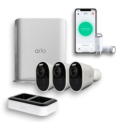 Arlo Ultra 2 4K 3 Camera HDR Security System Dual Charger SmartHub & Safe Bundle
