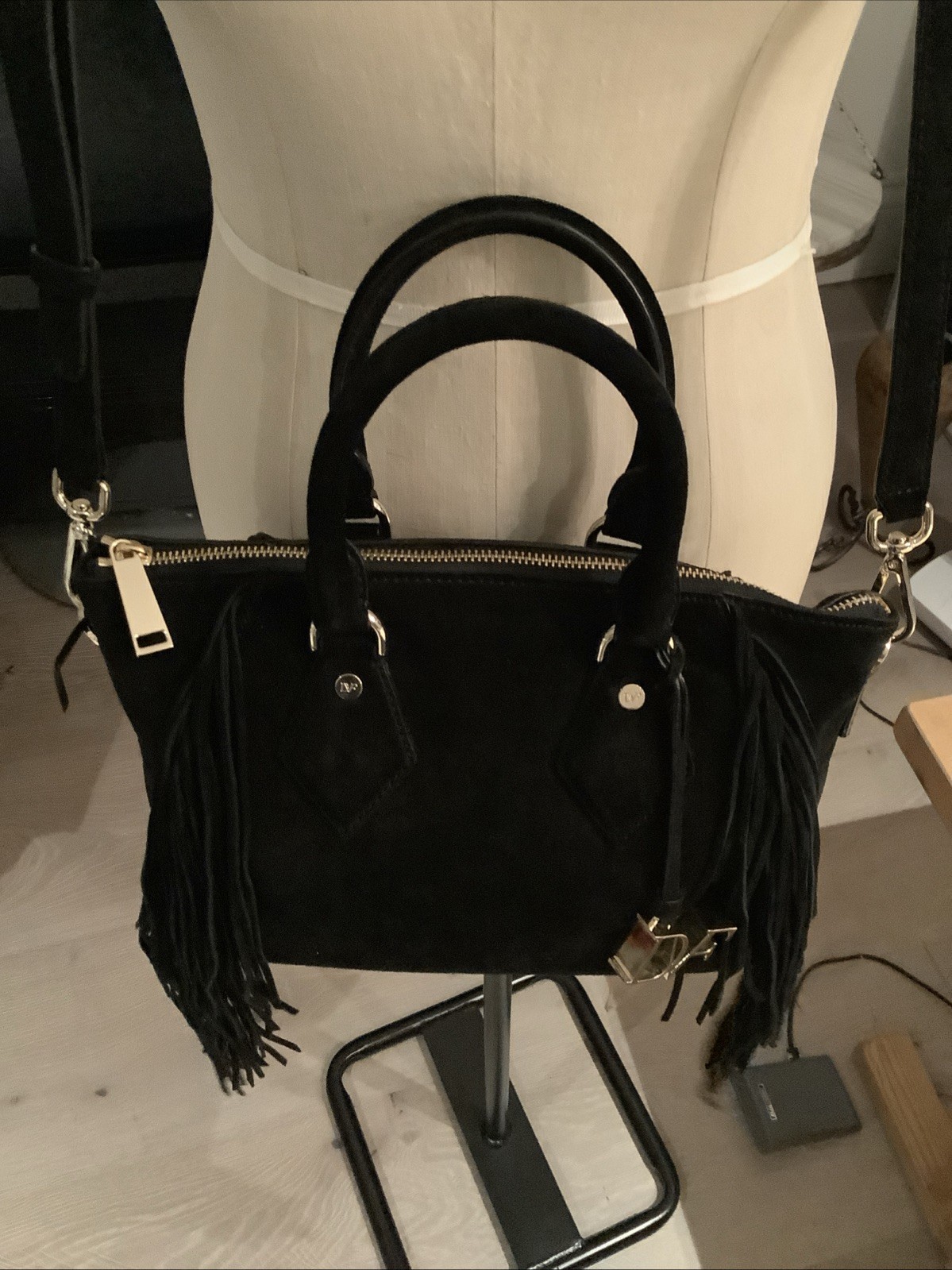 Diane von Furstenberg SUEDE BAG SATCHEL FRINGE BAG BLACK COLOR GENUINE LEATHER image 7