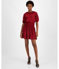 Michael Kors Womens Satin Smocked Mini Dress, Red, Medium