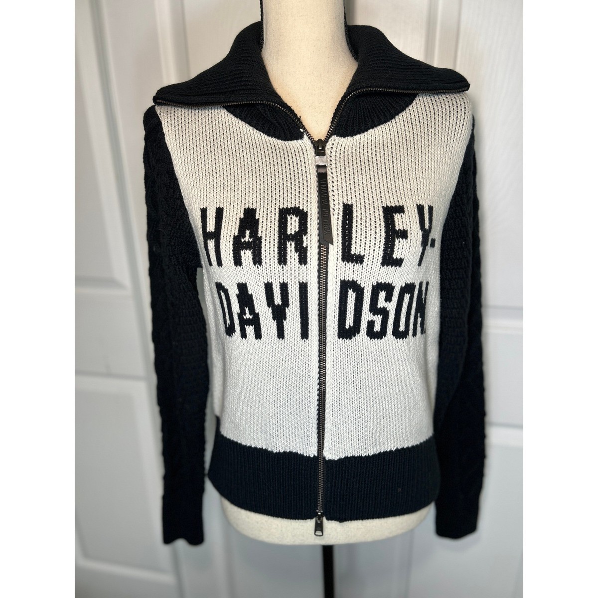R♡　レディース　BLK XS Harley-Davidson Womens Full Zip Colorblock Knit Sweater Black