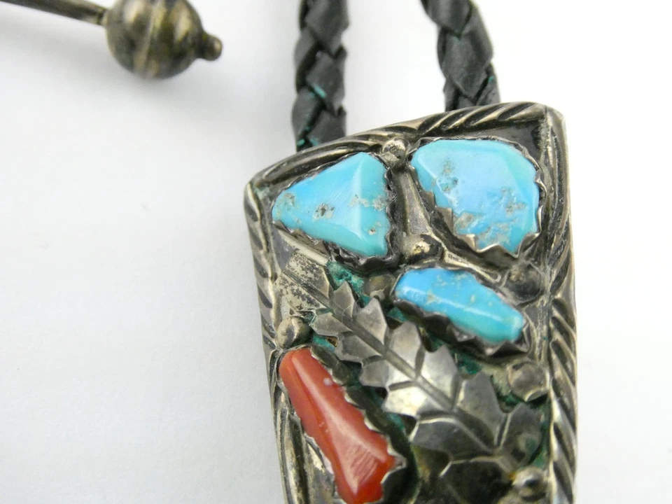 Corbata Fabian Cheama NA Zuni plata esterlina turquesa coral bolo 18 pulgadas de largo Foto 4 de 4